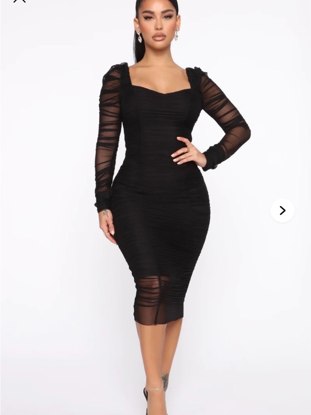Fashion Nova Black Ruched Mesh-Sleeve Midi Dress
